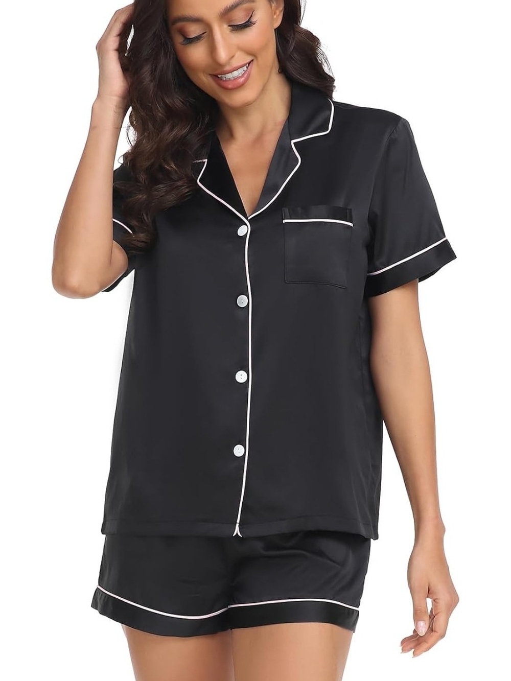 Black/Pink Satin Short Pajama Set - Size M